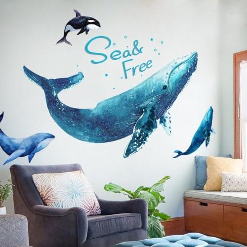 [shijuekongjian] Cartoon Whales Wall Stickers DIY Animal Mural Decals for House Kids Rooms Baby Bedroom Nursery Decoration