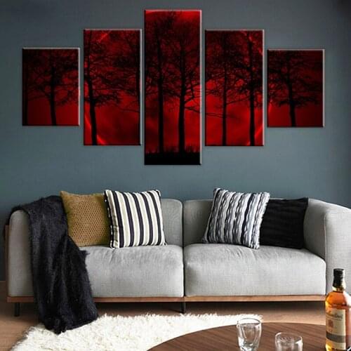 Canvas Wall Art Posters Framework For Living Room HD Prints Pictures 5 Pieces Red Moon Night Forest Trees Paintings Home Decor