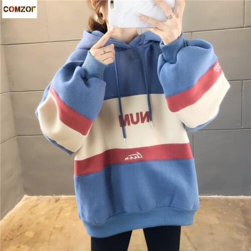 2020 Autumn winter women hoodie pullover fleece hooded patchwork loose sweatshirt korean fashion hoodies ropa de mujer