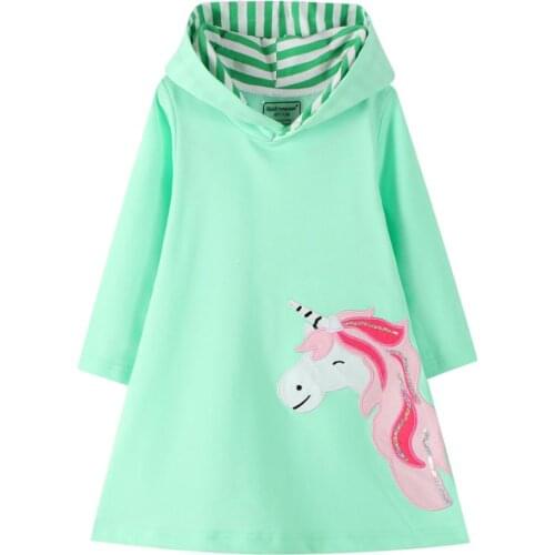 Autumn Spring Girls Unicorn Embroidery Hooded Dresses For Kids Long Sleeve Hoodies Dress