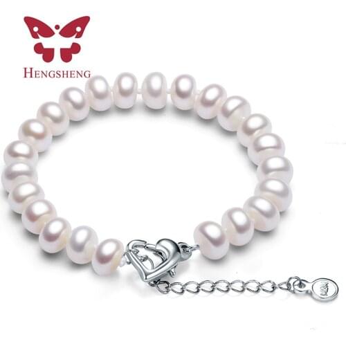 Elegant White 100% Natural Freshwater Pearl Chain & Link Bracelets For Women Fashion Jewelry Heart Clasp,18cm + 4cm extend chain