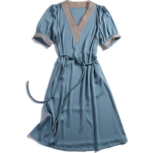 SUFUFENG Women Embroidery Lace V-Neck Satin Solid Sashes Dress 2021 New Fashion Summer Ladies Elegant Knee-Length Dress S-2XL