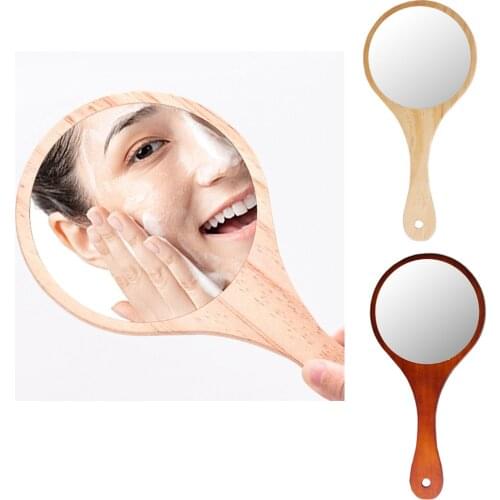 Portable Wooden Hand Vanity Mirror with Handle for Home Travel