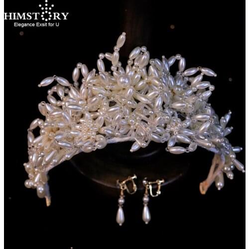 HIMSTORY European Handmade Pearls Brides Princess Tiaras Headbands Bridal Hairbands Wedding Hair Accessory Prom Head Jewelries