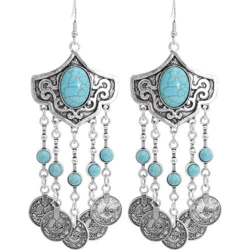 Big Turkish Coin Long Tassel Drop Earrings for Women Bohemian Ethnic Green Stone Statement Earring Tribal Party Jewelry Gift