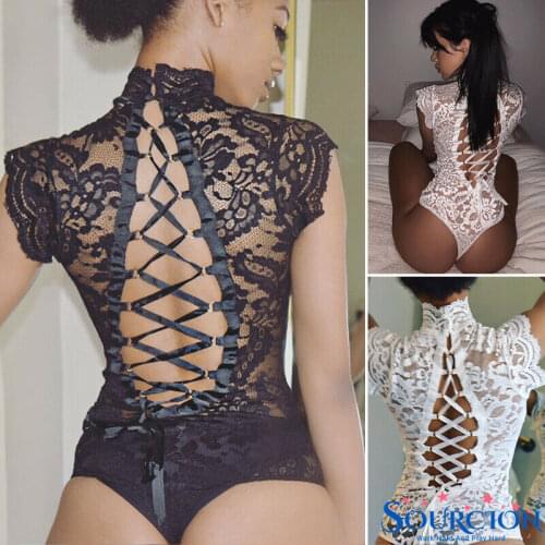 Sourcion Women Erotic Sex Turtleneck See-Through Lace Sleeveless Bow Bandage Skinny Bodysuit Elegnat Sexy Lingerie for Porno