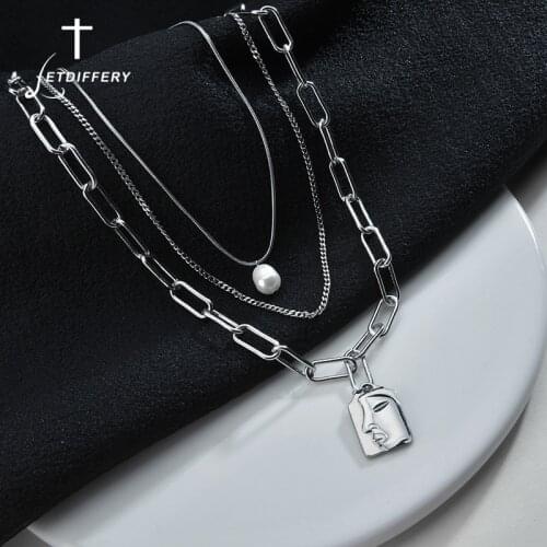 Letdiffery Three Layer Pearl Face Pendant Necklace Stainless Steel for Women Hip hop New Design Choker Party Jewelry Gifts