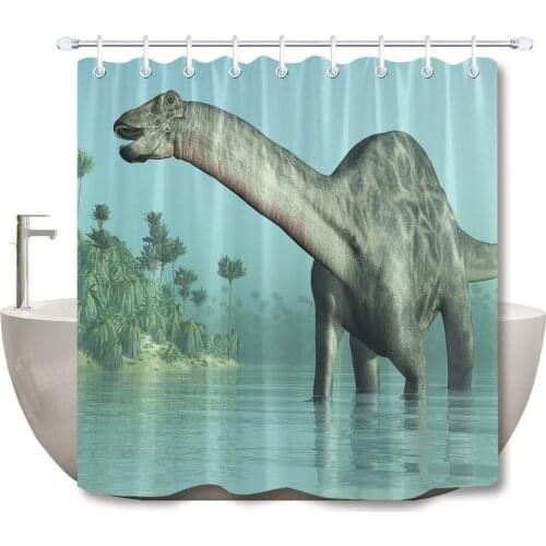 72'' Bathroom Waterproof Fabric Shower Curtain Polyester 12 Hooks Bath Accessory Sets 3D Dinosaur In A Tropical Setting River
