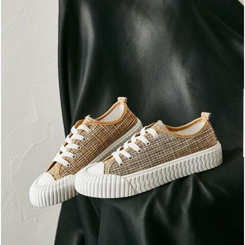 Spring Autumn Sneakers Ladies Lace-up Casual Breathable Light Canvas Shoes Grid Pattern Women Vulcanized Solid Shoes U12-72