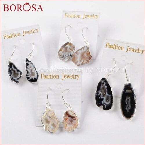 BOROSA 5Pairs Silver Color Natural Agates Druzy Slice Dangle Earrings Jewelry Natural Drusy Quartz Drop Earrings for Women S0516