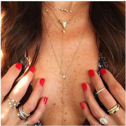 2020 Vintage New Multilevel Fashion Gold Bull Head Geometry Pendant Necklaces For Women Female Crystal Necklace Jewelry Gift
