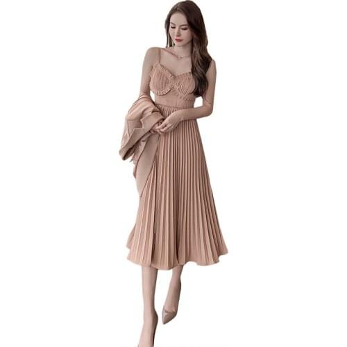 2021 New Spring Winter Fashion French Style Corset Empire Off Shoulder Backless Sheer Midi Strapless Sexy Pleated Dress Woman