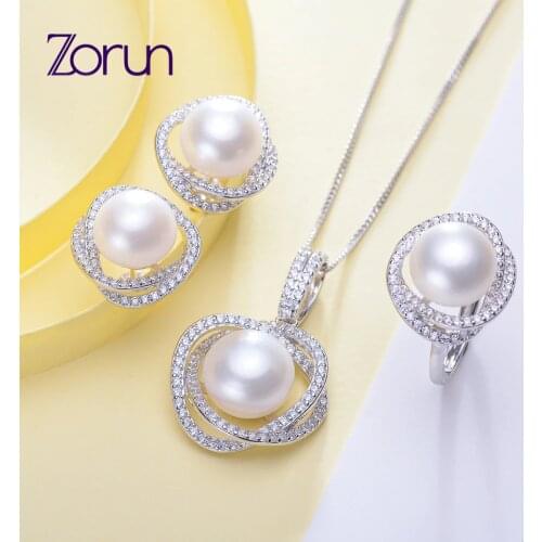 Zorun- Genuine Natural Freshwater Pearl Wedding Jewelry Sets 11-12MM with 925 Sterling Silver Ring Sets for Women
