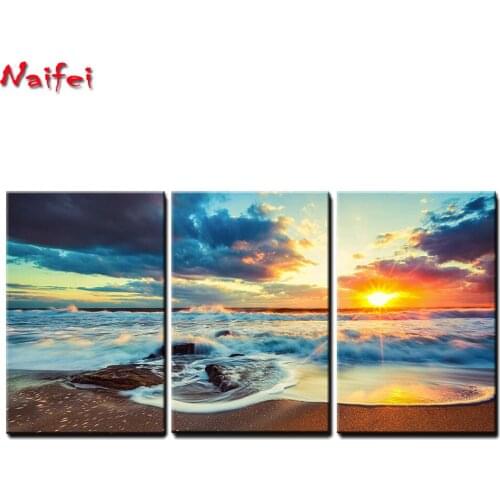 5d Diamond Painting Full square round Seascape sunrise sunset clouds seaside triptych Embroidery Decoration For Home Diamond Art