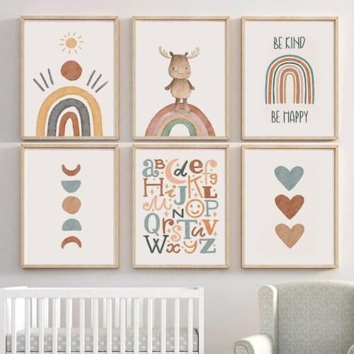 Alphabet Rainbow Gate Deer Sun Heart Cartoon Wall Art Canvas Painting Nordic Posters And Prints Wall Pictures Kids Room Decor