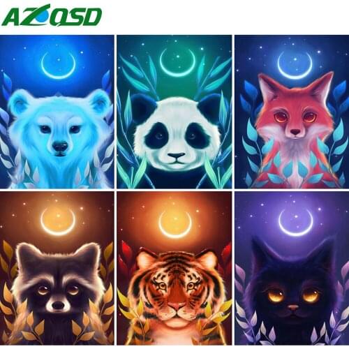 AZQSD DIY Oil Painting By Number Cat Tiger Panda Fox Moon On Canvas Frameless Paint By Number Cartoon Animal Handmade Wall Decor