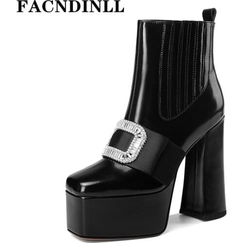 Lady Shoes New Fashion Genuine Leather Chunky High Heels Platform Crystal Black Beige Dress Party Wedding Shoes Ankle Boots 40