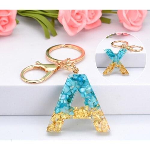 Cute Gold Foil Blue Gradient Color Resin Letter A-Z Keychain For Women Men Handbag Car Key Ring Pendant Fashion Jewelry Gifts