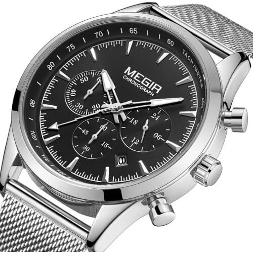 Top Brand MEGIR Mens Watches Luxury Fashion Business Quartz Watch Men Sport Full Steel Waterproof Black Clock Relogio Masculino