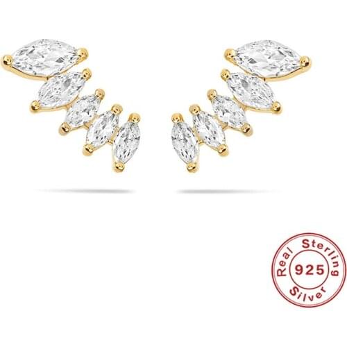 BOAKO 925 Sterling Silver Gold Five Oval Zircon Stud Earring Clear Crystal Leaf Branch Line Ear Stud Piercing Pendientes Jewelry