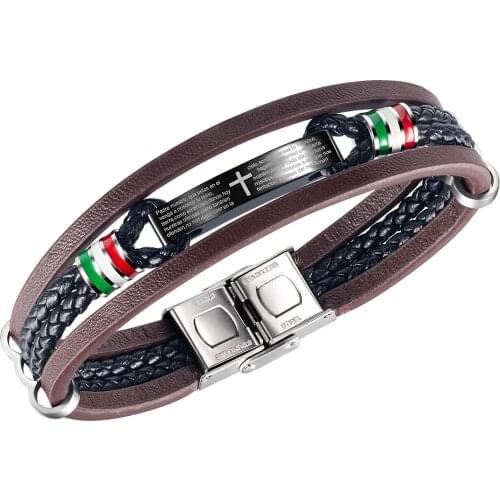 Cyue European Men Boy Braided Brown Leather Bracelet Cross Scripture Charm Stainless Steel Button Wristband ZYLB0186