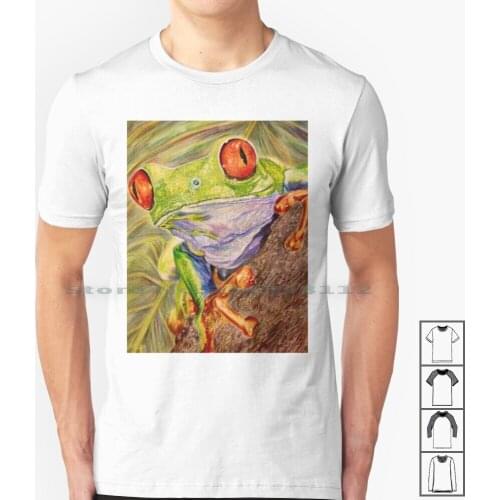 Happy Tree Frog Drawing T Shirt 100% Cotton Treefrog Laurencaldwell Red Eyes Amphibian Reptile Scales Pencil Realisitc Animal