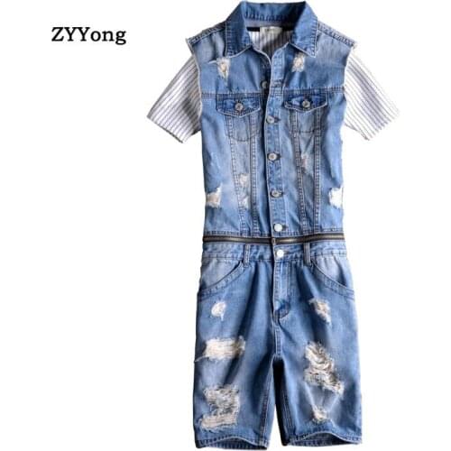 Summer Sleeveless Lapel Overalls Mens Denim Jumpsuit Hole Hip-Hop Ripped Waist Detachable Jeans Casual Shorts Blue Pants