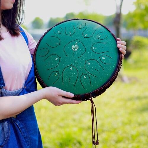 M MBAT 13 Inch 15 Tone Steel Tongue Drum Ethereal Hand Pan Tank Drum Green Percussion Instrument With Carrying Bag Drumsticks