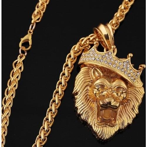 New Retro Lion Head Crown Shape Pendant Necklace Mens Necklace Fashion Crystal Inlaid Luminous Lion Pendant Accessories Jewelry