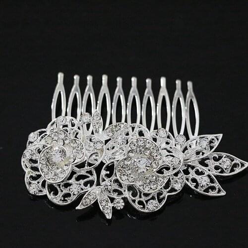 Popular Flower Crystal Shell Silver-color Hairpins Comb Rhinestone Headwear Women Weddings Headdress Accessory B1265-8