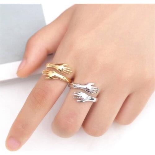 Romantic Gold Sliver Color Hand with Love Hug Rings Creative Adjustable Open Finger Rings for Women Men Couple Jewelry Gift