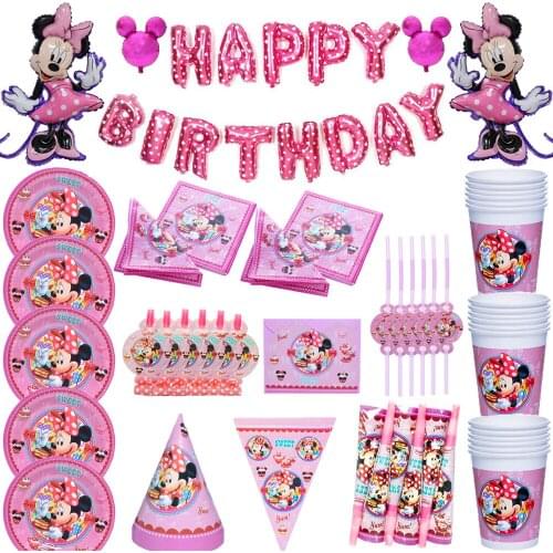 Disney Minnie Mouse Theme Beautiful Disposable Birthday Party Decorations Kids Girl Pink Party Supplies Decoration Tableware Set