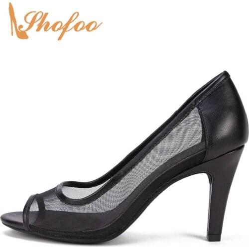 Air Mesh Basic Casual Pumps Ladies Woman Adult Black Solid Spring/Autumn Peep Toe Super High Thin Heel Novelty Large Size 11 15