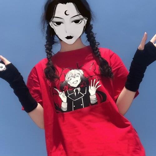 Streetwear hip hop red top Ulzzang Harajuku vintage print Summer Japan cartoon loose Gothic punk chic women casual loose T-shirt