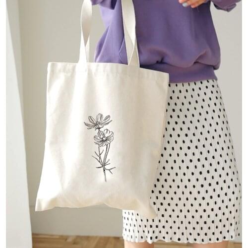 Flower Plant Print Line Drawing Women Student Shoulder Tote Handbag Eco Harajuku Shopping Large Capacity Canvas Literary Art