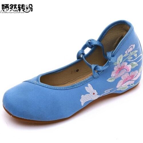 Chinese Women Flats Rabbit Crane Butterfly Embroidered Canvas Lace Up Ankle Strap Ballet Ladies Cotton Fabric Embroidery Shoes