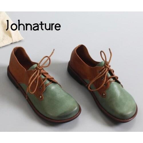 Johnature Mixed Colors Flats Women Shoes Genuine Leather 2021 New Spring/Autumn Handmade Lace-Up Concise Leisure Ladies Shoes