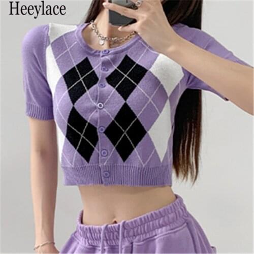 Female Short Tops Vintage Summer 2021 Plaid Hit Color Short Sleeve Single Breasted Casual Women Knit Cardigan Thin Sweater