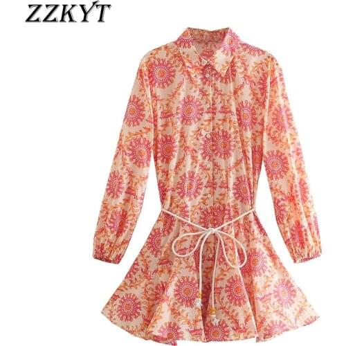 ZZKYT 2021 Women Spring Fashion Floral Print Single Breasted Mini Dress Vintage Bow Belt Long Sleeve Female Casual Dresses Mujer