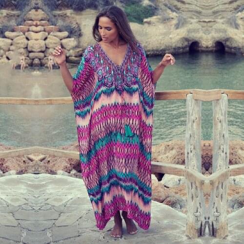 2021 Bikini Cover-ups Bohemian Printed V-neck Summer Dress Beach Chiffon Tunic Women Beachwear Kaftan Swimsuit Cover Up Q978