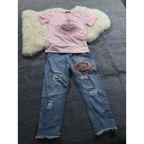 Amolapha Women Handmade Beaded 3D Swan Pattern Tshirt+Mid Calf Jeans Set Woman Jeans Pants Suit
