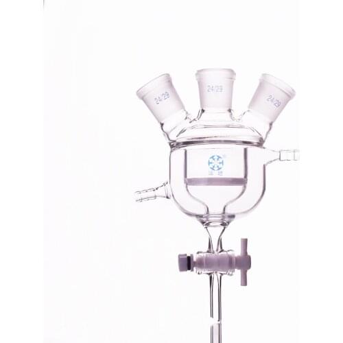 Double-deck cylindrical three-necked round bottom flask 50ml 24/29,Mezzanine jacketed reactor flask with sand core,PTFE switch