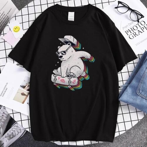 Streetwear Style Ice Bear Play Skateboard Printing T Shirts maleTrend Brandt Shirt Oversize Soft T Shirt Crew Neck Men T-shirt