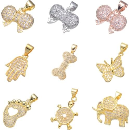 Juya DIY Charm Pendants Supplies Micro Pave Zircon Bowtie Butterfly Hamsa Elephant Animal Charms For Fashion Jewelry Making