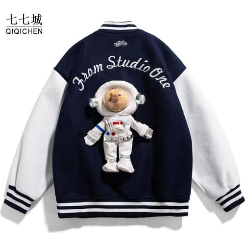 Bomber Jacket Men Women Teddy Astronaut Doll Autumn Patchwork Oversize Baseball Jacket Unisex Varsity Campus Casual Coat 2021