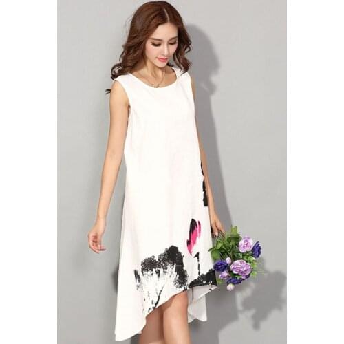 Summer Women Cotton Linen dress Chinese Ink Painting Floral Loose Casual Party Elegant Dress Sleeveless M-6XL Plus Size Vestidos
