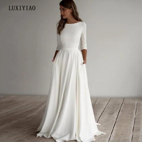 LUXIYIAO LO54 Booma Simple Scoop Wedding Dresses 2021 3/4 Sleeves Stretch Long Bride Dresses Belt A-Line Bridal Gowns