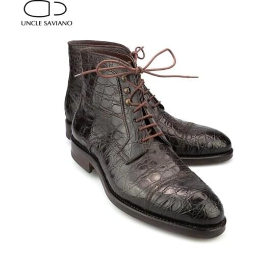 Uncle Saviano Lace Up Solid Winter Mens Boots Shoes Work Boots Add Velvet Fashion Designer Shoes Men Non-Slip Genuine Leather