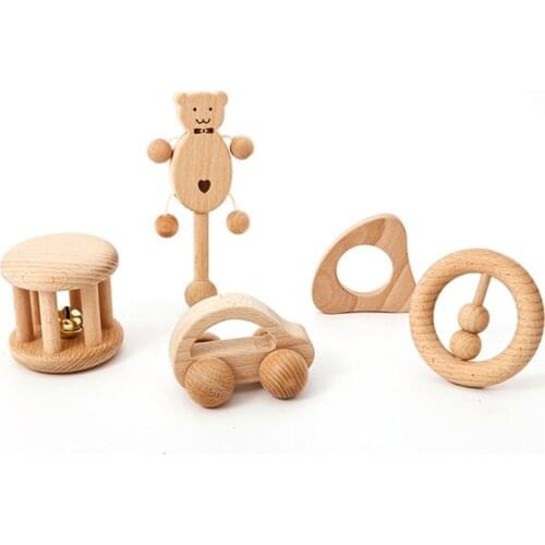 No Paint Nursing Wooden Teether Wooden Rattles Baby Toys Puzzle Toys Newborn Toddler Infant Gift T3LA
