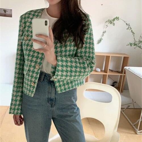 New 2021 Spring Autumn Womens Blazers Jackets Fashionable Vintage Checkered Plaid Elegant Lady Short Tops Z233